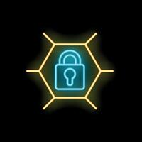 Neon padlock inside honeycomb representing cybersecurity concept vector