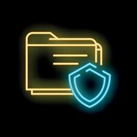 Neon glowing file folder icon with shield providing data protection vector
