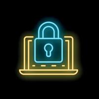 Neon cyber security lock on laptop icon glowing on black background vector
