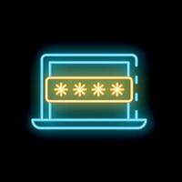 Neon blue laptop showing password protection with asterisks on black background vector