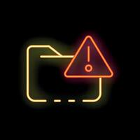 Neon folder icon showing warning sign on black background vector