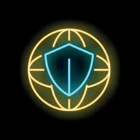Neon shield protecting globe icon for global security concept vector