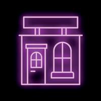 Neon sign depicting a building with a canopy and glowing lights vector