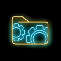 Bright neon icon of a folder with gears is glowing on a black background, representing data security and technical support vector