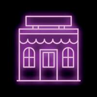 Glowing neon sign representing a shop with a canopy and a blank signboard for your text in trendy purple color on a black background vector