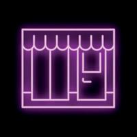 Purple neon sign depicting a store front with an awning and closed door on a black background vector