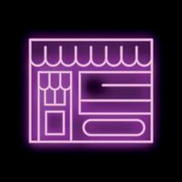 Neon sign depicting a storefront with awning and glowing windows on black background vector