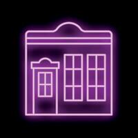 Glowing neon sign depicting a building facade with large windows and a doorway vector