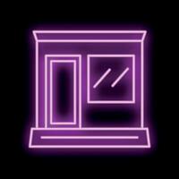 Neon sign representing a shop entrance with a door and a window on a black background vector