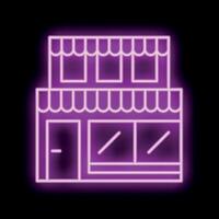 Glowing neon sign depicting a storefront with awning and windows on a black background vector