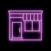 Neon sign depicting a storefront with awning and door on black background vector