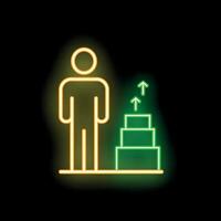 Businessman standing next to growing chart with up arrows in neon light style vector
