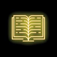 Neon open book shining with yellow light on black background vector