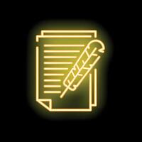 Neon sign of feather pen writing on paper document vector