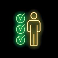 Neon icon of person standing next to checkmark symbols on black background vector