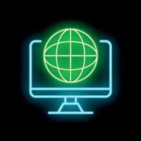 Neon icon of computer screen displaying green globe for global communication vector