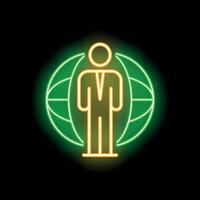 Businessman standing in front of planet earth neon sign on black background vector