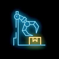 Neon robotic arm picking up parcel from conveyor belt icon vector