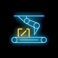 Neon sign of robotic arm moving boxes on conveyor belt vector