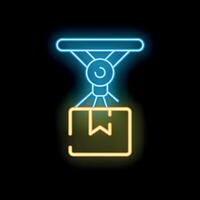 Neon sign representing robotic arm lifting cardboard box vector