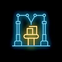 Neon sign showing robotic arm picking up cardboard box on conveyor belt vector