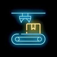 Neon sign of robotic arm moving cardboard box on conveyor belt vector