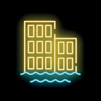 Neon style icon representing buildings being flooded with water vector