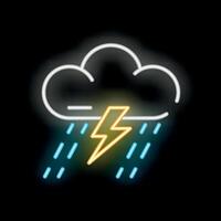 Neon sign representing storm cloud with lightning and rain falling vector