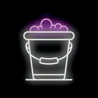 White bucket full of soap suds with neon light effect on black background vector