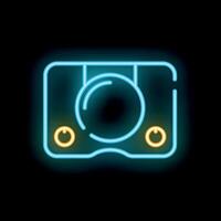 Neon icon of a vintage photo camera shining brightly on black background vector