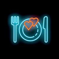 Neon sign of romantic dinner with plate fork and knife vector