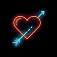 Neon heart pierced by cupid's arrow on black background vector