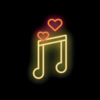 Neon musical note with hearts floating above on black background vector