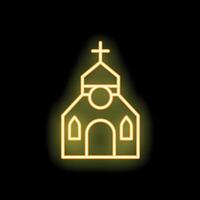 Neon yellow church building with cross shining on black background vector