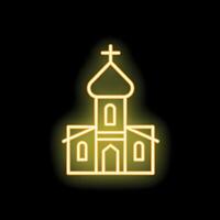 Neon yellow orthodox church building shining on black background vector