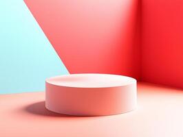 A white round object in a room with a red and blue wall photo