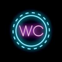 Neon sign showing wc symbol in pink and blue on black background vector