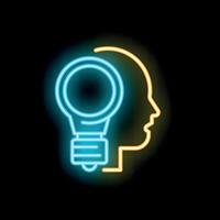 Neon icon of human head silhouette with light bulb representing idea generation vector
