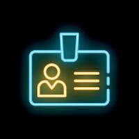 Neon sign showing id card with person icon on black background vector