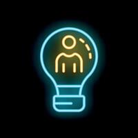 Neon icon of light bulb with human figure representing idea generation vector