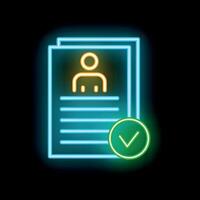 Neon icon of curriculum vitae with check mark showing candidate approval vector