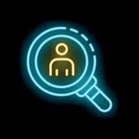 Neon magnifying glass focusing on person icon on dark background vector