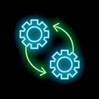 Neon gears interlocking showing business process on black background vector