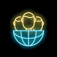 Neon icon of three people connected globally representing global community vector