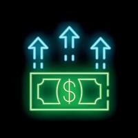 Neon green dollar bill increasing value with blue up arrows on black background vector