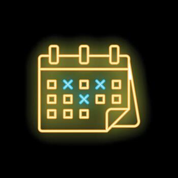 Neon calendar icon with crossed out days representing time passing by vector