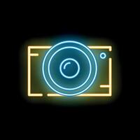 Neon sign representing a camera flashing on a black background vector