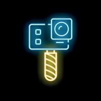 Neon icon of action camera with monopod grip glowing on black background vector