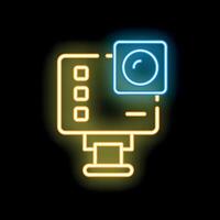 Neon action camera icon glowing on dark background vector