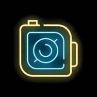 Neon icon of vintage camera with flash shining on black background vector